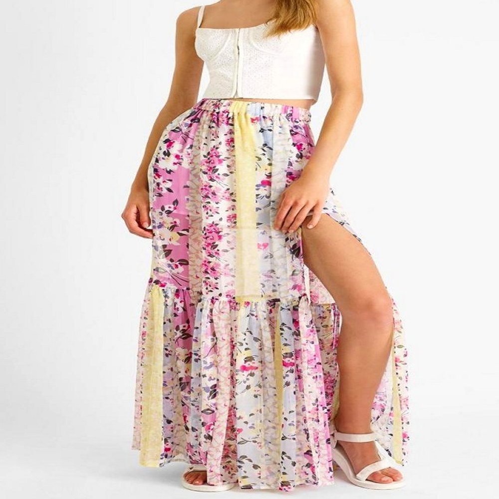 FRENCH CONNECTION Ezeke Mixed Media High Slit Maxi Skirt